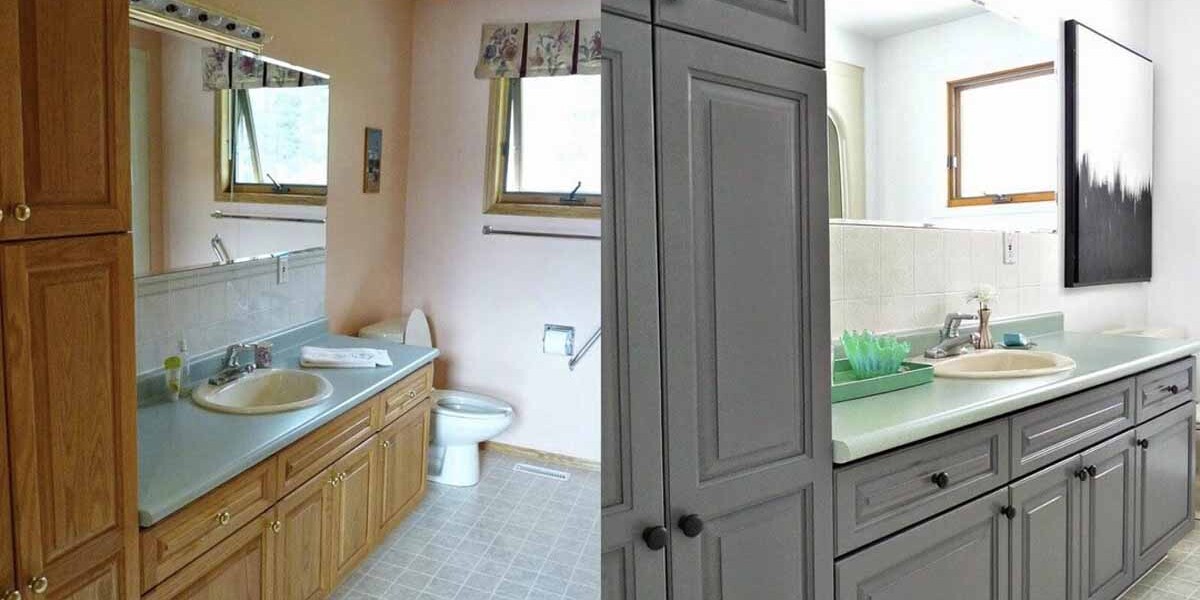 before and after images of repainted bathroom cabinets