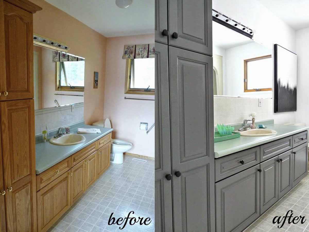 before and after images of repainted bathroom cabinets