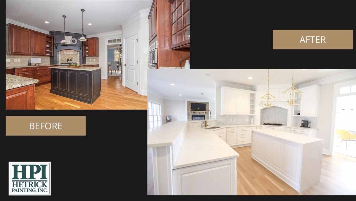 Before and after of repainted kitchen cabinets from dark cherry and black to all white