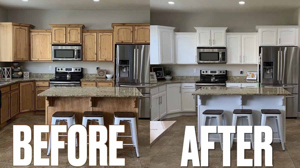Before and after of repainted kitchen cabinets from a natural wood to white