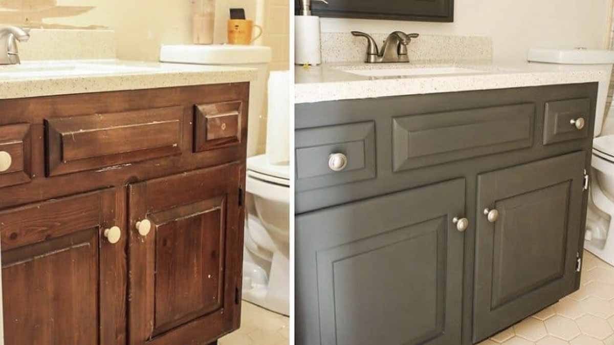 Before and after of repainting an old, damaged bathroom vanity from an outdated stain to modern gray