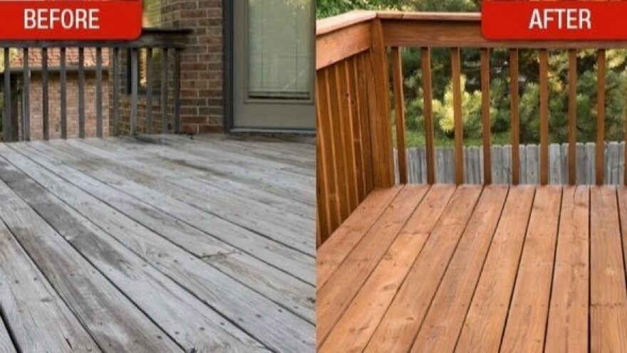 Left image is an old, worn deck. Right image is after repairs and stain have been applied by HPI 