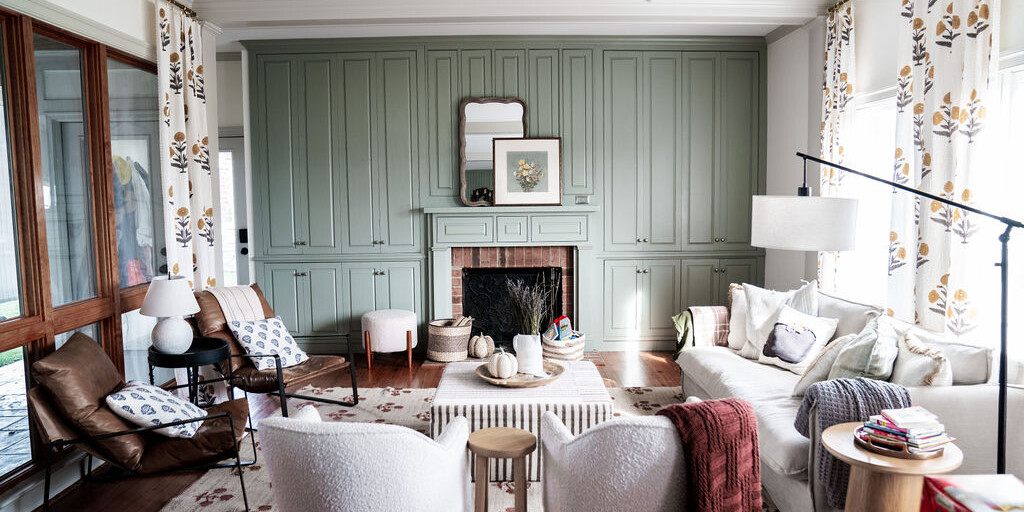Living Room with Sage Green Cabinets